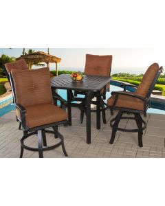 Cast Aluminum Barbados Cushion Outdoor Patio 5pc Bar Set with Series 4000 42" Square Bar Table - Includes Seat & Back Cushions - Antique Bronze Finish