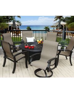 Barbados Sling Outdoor Patio 7pc Fire Pit Set with 52 Inch Round Fire Pit Series 2000 - Includes (2) Swivel Rockers, (4) Dining Chairs & Burner - Antique Bronze Finish