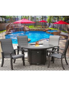 Barbados Sling Outdoor Patio 5pc Dining Set for 4 Person with 50" Round Fire Table Series 4000 - Antique Bronze Finish