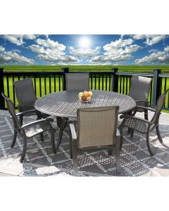 Barbados Sling Outdoor Patio 7pc Dining Set for 6 Person with 71" Round Table Series 5000 - Antique Bronze Finish