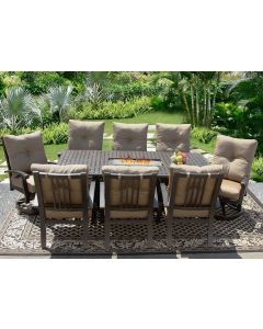 Barbados Cushion 42x84 Rectangle Outdoor Patio 9pc Dining Set for 8 Person with Rectangle Fire Table - Series 7000 Atlas - Antique Bronze Finish