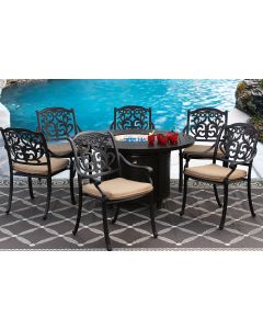 FLAMINGO CAST ALUMINUM OUTDOOR PATIO 7PC SET 50 Inch ROUND DINING FIRE TABLE Series 4000 WITH Sunbrella SESAME LINEN CUSHION