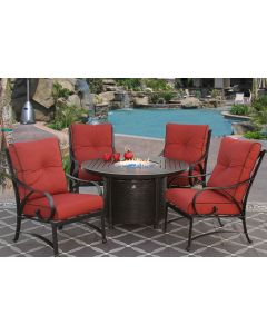 NEWPORT CAST ALUMINUM OUTDOOR PATIO 5PC SET 50 Inch ROUND DINING FIRE TABLE Series 4000 WITH Sunbrella HENNA CUSHION