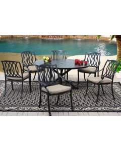 SAN MARCOS CAST ALUMINUM OUTDOOR PATIO 7PC SET 60 Inch ROUND DINING TABLE Series 4000 WITH Sunbrella® SESAME LINEN CUSHION