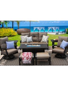 BARBADOS CUSHION ALUMINUM OUTDOOR PATIO 8PC SET SOFA, 2-CLUB SWIVEL ROCKER & OTTOMAN, 2-END TABLES 34X58 RECTANGLE FIREPIT SERIES 4000 WITH WALNUT BROWN CUSHION - ANTIQUE BRONZE
