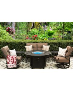 TORTUGA CAST ALUMINUM OUTDOOR PATIO 6PC SET LOVESEAT, 2-CLUB SWIVEL ROCKER, 2-END TABLE 50 Inch ROUND FIRE TABLE Series 4000 WITH Sunbrella SESAME LINEN CUSHION