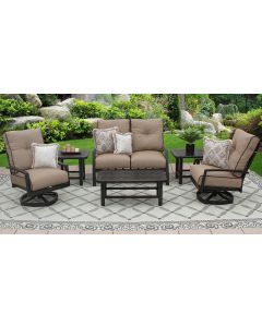 QUINCY ALUMINUM OUTDOOR PATIO 6PC LOVESEAT, 2-CLUB SWIVEL ROCKERS, 2-END TABLES 21X42 COFFEE TABLE SERIES 4000 WITH SUNBRELLA SESAME LINEN CUSHION - ANTIQUE BRONZE
