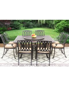 SAN MARCOS CAST ALUMINUM OUTDOOR PATIO 9PC SET 8-DINING CHAIRS 64 Inch SQUARE TABLE Series 5000 & LAZY SUSAN WITH Sunbrella® SESAME LINEN CUSHION