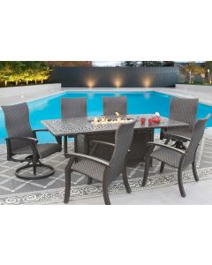 Barbados Woven Outdoor Patio 7pc Dining Set with 44x84 Inch Rectangle Fire Table Series 2000 